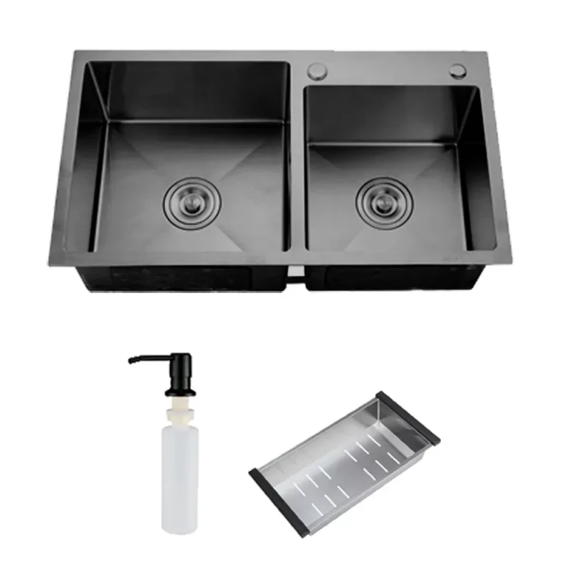 Мойка ITAL 750x410x215мм двойная с сифоном, дозатором, корзиной PVD Black (3.0/0.8)