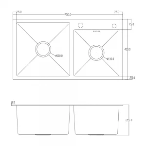 Мойка ITAL 750x410x215мм двойная с сифоном, дозатором, корзиной PVD Black (3.0/0.8)
