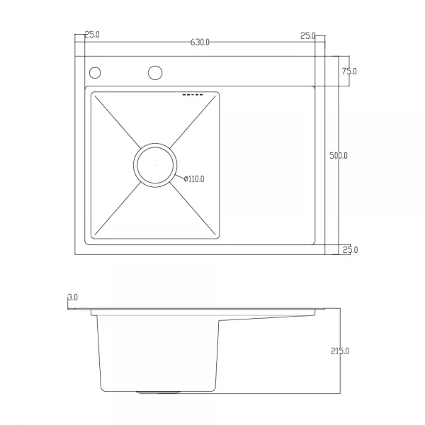 ID 6350L-B мийка з крил.чаша ліва.630x500x215мм, (3.0/0.8мм), сифон, дозатор, кошик, PVD Black {1/1}