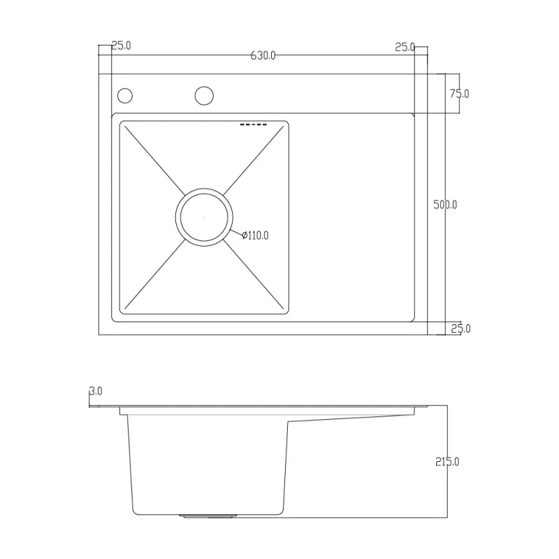 Мойка кухонная ITAL ID 6350L-B 630x500x215 мм с крылом, левой чашей, сифоном, дозатором, корзиной PVD Black (3.0/0.8мм)