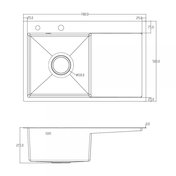 ID 7850 L-B мийка з крилом. чаша ліва 780x500x215мм (3.0/0.8 мм) сиф, дозат, кош. PVD Black {1/1}