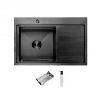 Мойка ITAL L-B 780x500x215 мм с левой чашей, крылом, сифоном, дозатором и корзиной PVD Black (3.0/0.8 мм)