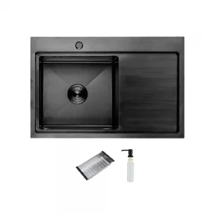 Мойка ITAL L-B 780x500x215 мм с левой чашей, крылом, сифоном, дозатором и корзиной PVD Black (3.0/0.8 мм)