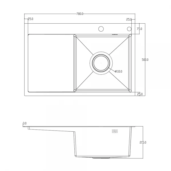 ID 7850 R-B мийка з крилом. чаша права 780x500x215мм (3.0/0.8 мм) сиф, дозат, кош. PVD  Black {1/1}