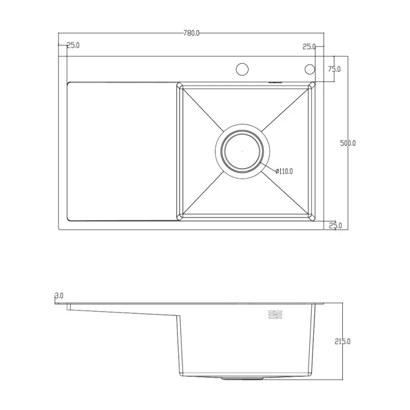 Мойка кухонная ITAL R-B 780x500x215мм с крылом, чаша правая, сифон, дозатор, корзина PVD Black
