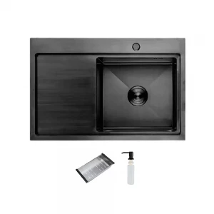 Мойка кухонная ITAL R-B 780x500x215мм с крылом, чаша правая, сифон, дозатор, корзина PVD Black