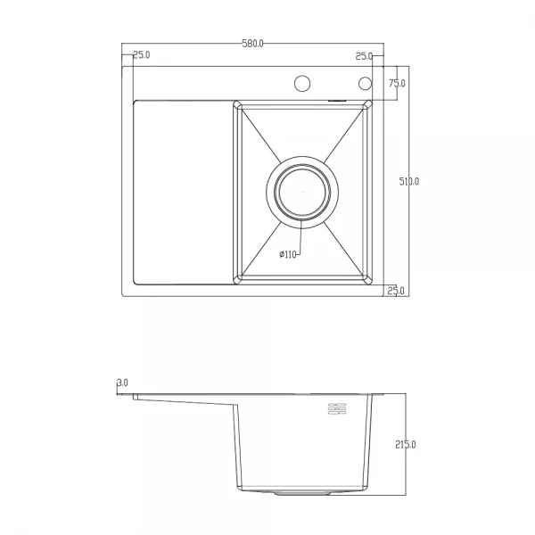 ID 5851 L-B мийка з крилом. чаша ліва 580x510x215мм (3.0/0.8 мм), сиф, дозат, кош. PVD Black {1/1}