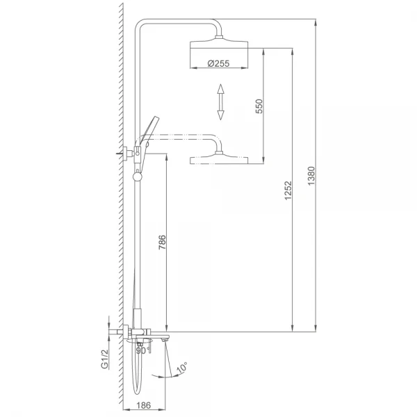 Душевая система F2488 с 3 функциями с поворотным изливом хромированная с латунным корпусом Ø35