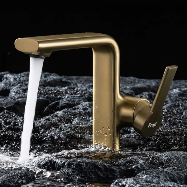 Смеситель для умывальника FRAP F1088-3 однорычажный с литым изливом латунный корпус крепления гайкой Ø35 золотой сатин