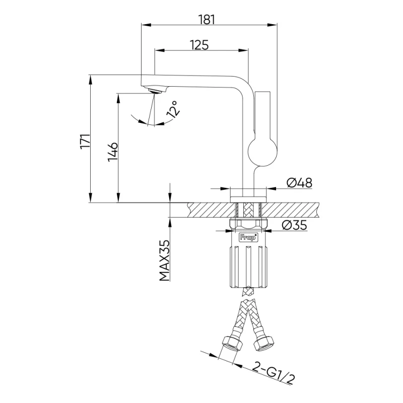 F1088-3 умивальник одноваж. литий вилив лат. корпус гайка Ø35 (сатин золотий) {10/1}