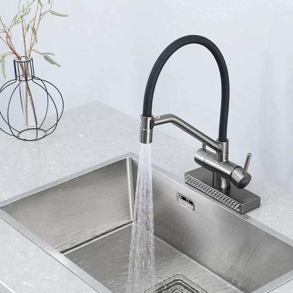 Смеситель для кухни GAPPO G4098-9 однорычажный с высоким изливом и водопадом латунный серый крепеж гайкой картридж 90° Ø35