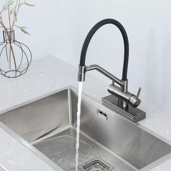 Смеситель для кухни GAPPO G4098-9 однорычажный с высоким изливом и водопадом латунный серый крепеж гайкой картридж 90° Ø35