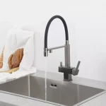 Смеситель для кухни GAPPO G4395-59 однорычажный с высоким силиконовым изливом с латунной шпилькой под осмос серый с картриджем 90° Ø35