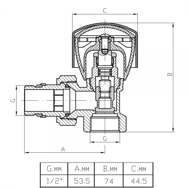 Вентиль рад. ручного регул. кутовий (верх) НІК 1/2