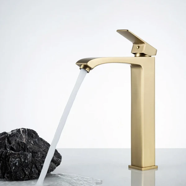 Смеситель для умывальника FRAP F1076-23 однорычажный с высоким литым изливом латунный корпус крепления гайкой золотой сатин Ø35