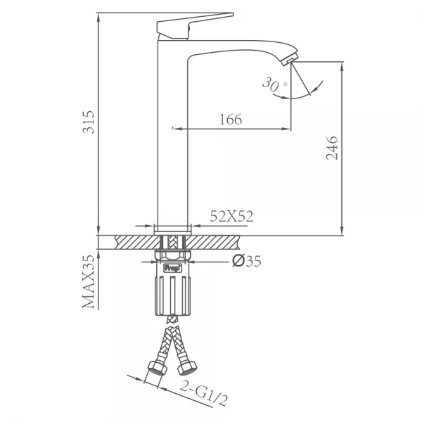 Смеситель для умывальника FRAP F1076-23 однорычажный с высоким литым изливом латунный корпус крепления гайкой золотой сатин Ø35