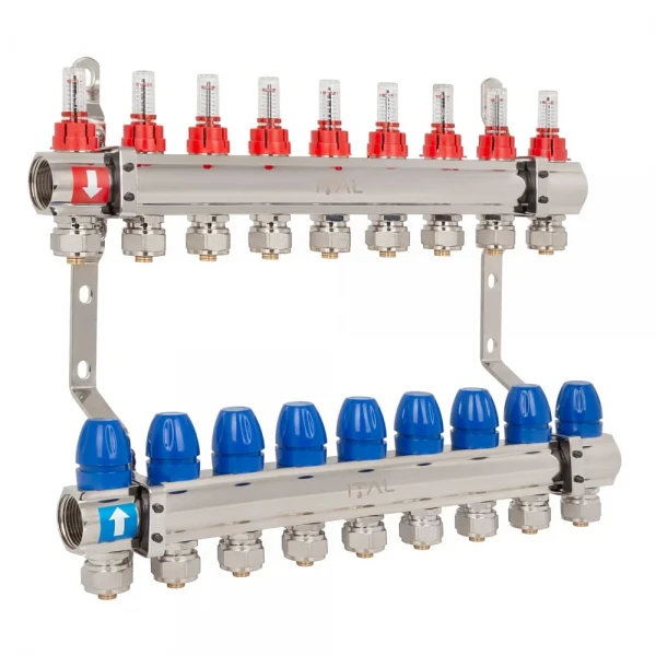 Колектор для теплої підлоги ITAL латунний нікельований на 9 виходів з витратомірами та євроконусами з кріпленням 1