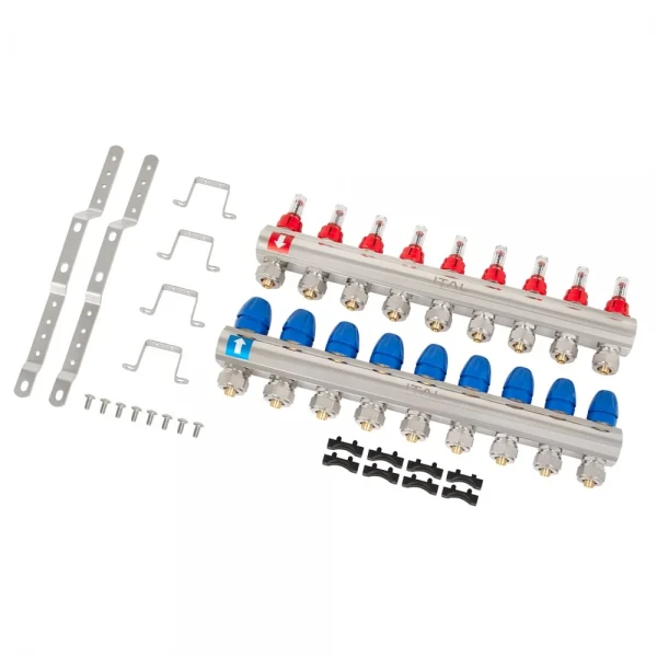 Колектор для теплої підлоги ITAL латунний нікельований на 9 виходів з витратомірами та євроконусами з кріпленням 1