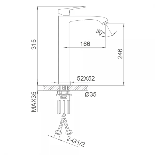 Смеситель для умывальника FRAP F1076-29 однорычажный с литым изливом латунный корпус крепление гайкой Ø35