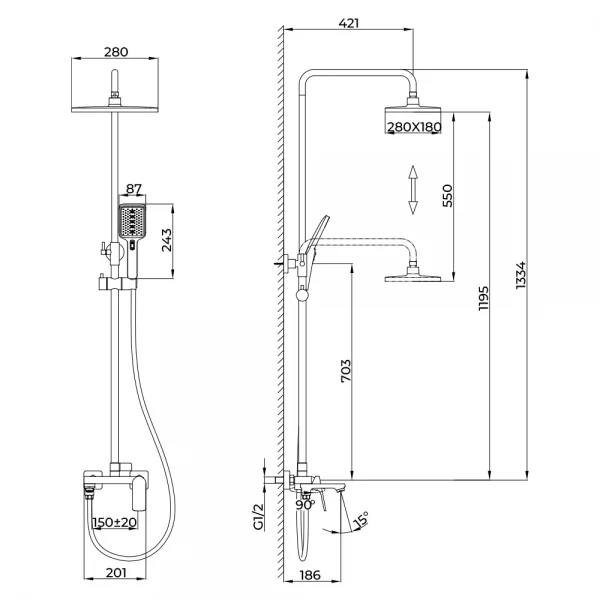 Душевая система FRAP F2486-9 3-х функциональная с поворотным изливом латунный корпус Ø30 (гангрей)