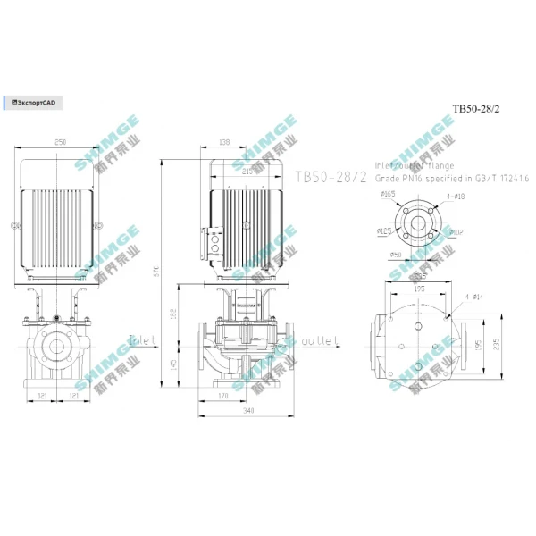 TB50-28/2 SHIMGE 380В цирк. сухий ротор  4 кВт Hmax 35м Qmax 584л/хв DN50 340мм {1}