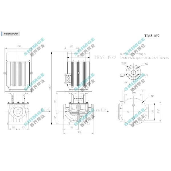 TB65-15/2 SHIMGE 380В цирк. сухий ротор  2,2 кВт Hmax 20м Qmax 667л/хв DN65 360мм {1}