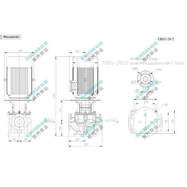TB65-20/2 SHIMGE 380В цирк. сухий ротор  3 кВт Hmax 26м Qmax 667л/хв DN65 360мм {1}