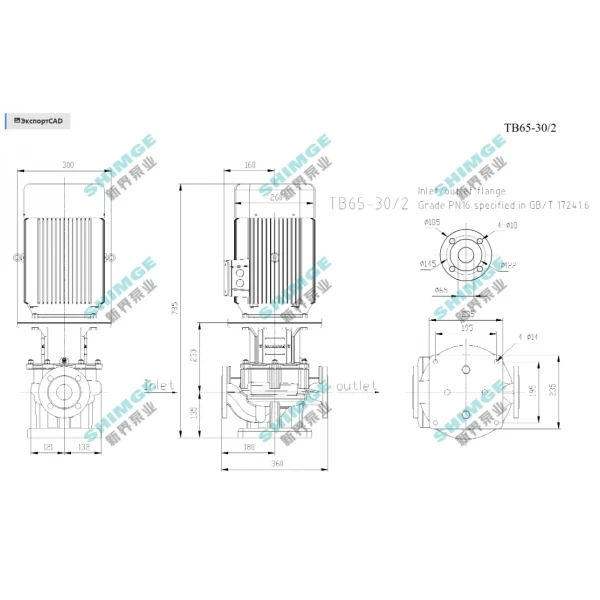 TB65-30/2 SHIMGE 380В цирк. сухий ротор  5,5 кВт Hmax 35м Qmax 833л/хв DN65 360мм {1}