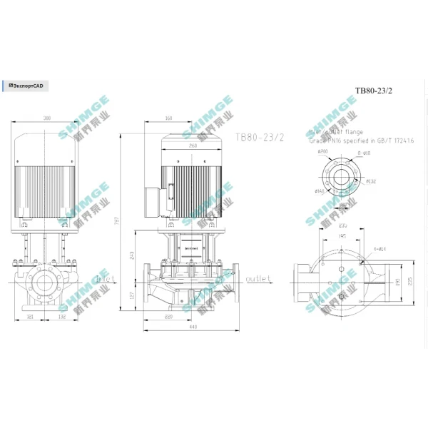 TB80-23/2 SHIMGE 380В цирк. сухий ротор  5,5 кВт Hmax 29м Qmax 1333л/хв DN80 440мм {1}