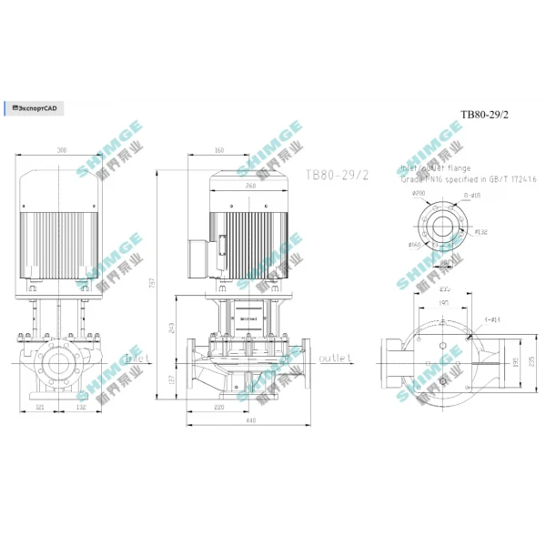 TB80-29/2 SHIMGE 380В цирк. сухий ротор  7,5 кВт Hmax 35м Qmax 1333л/хв DN80 440мм {1}