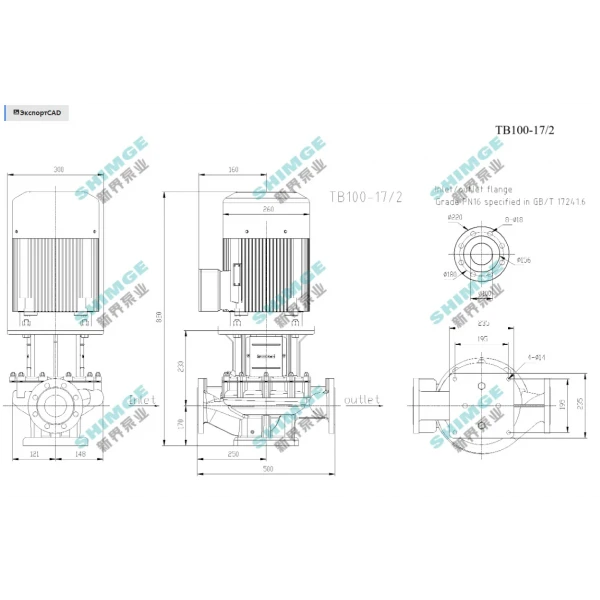 TB100-17/2 SHIMGE 380В цирк. сухий ротор  5.5 кВт Hmax 23м Qmax 1833л/хв DN100 500мм {1}