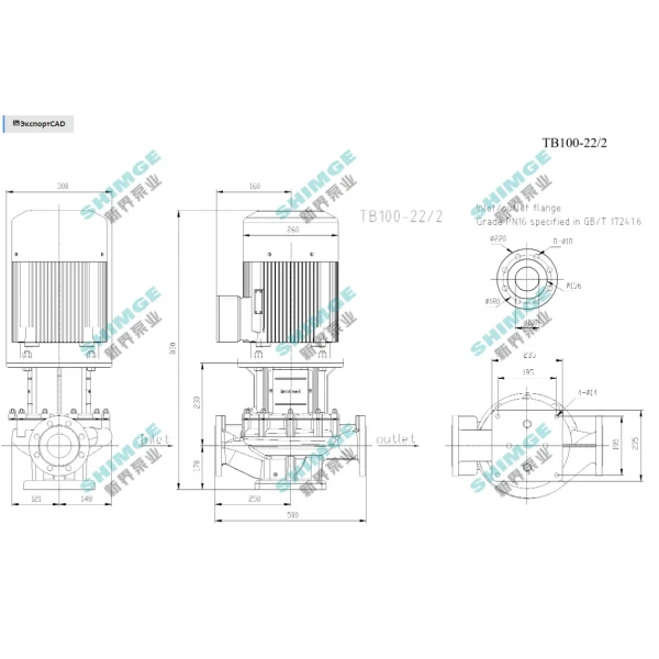 TB100-22/2 SHIMGE 380В цирк. сухий ротор  7.5 кВт Hmax 27м Qmax 1833л/хв DN100 500мм {1}
