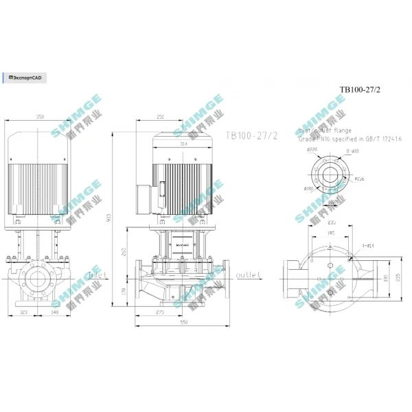 TB100-27/2 SHIMGE 380В цирк. сухий ротор  11 кВт Hmax 35м Qmax 2333л/хв DN100 550мм {1}