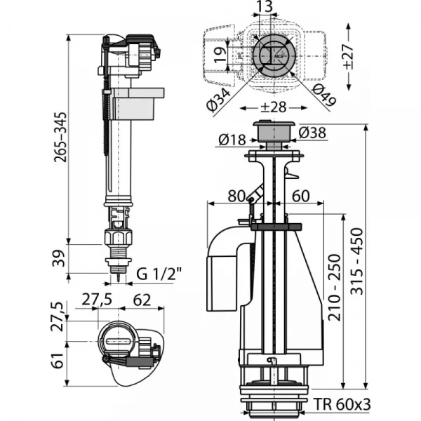 Комплект впускний/випускний ALCA PLAST SA08AS 1/2