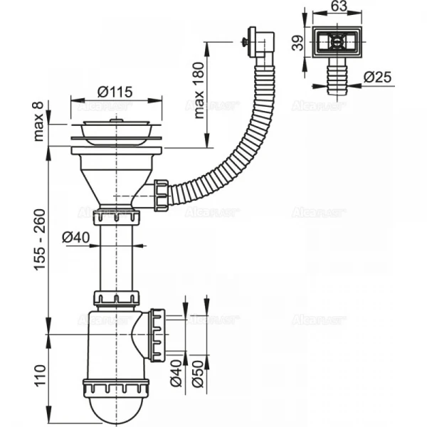 Сифон для кухонної мийки ALCA PLAST A447 1 1/2