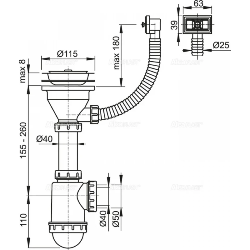 Сифон для кухонной мойки ALCA PLAST A447 1 1/2