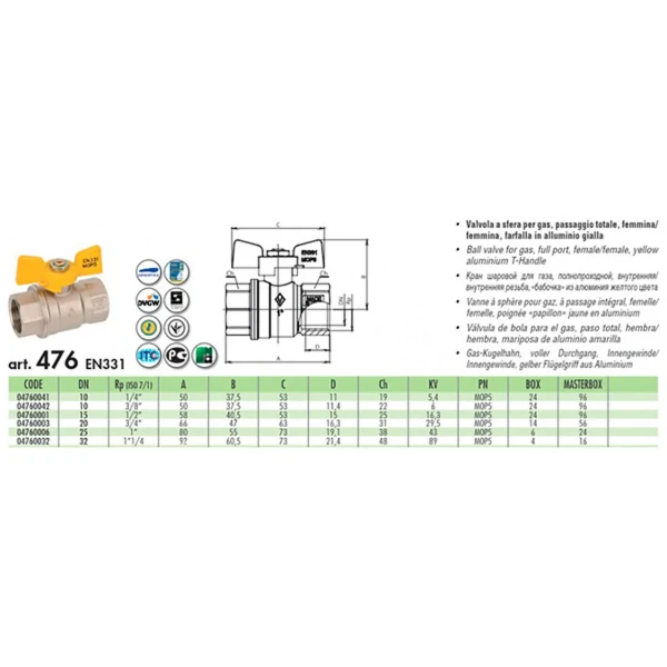 Кран шаровый Bugatti Gas colorado PN50 ВВ 1/2