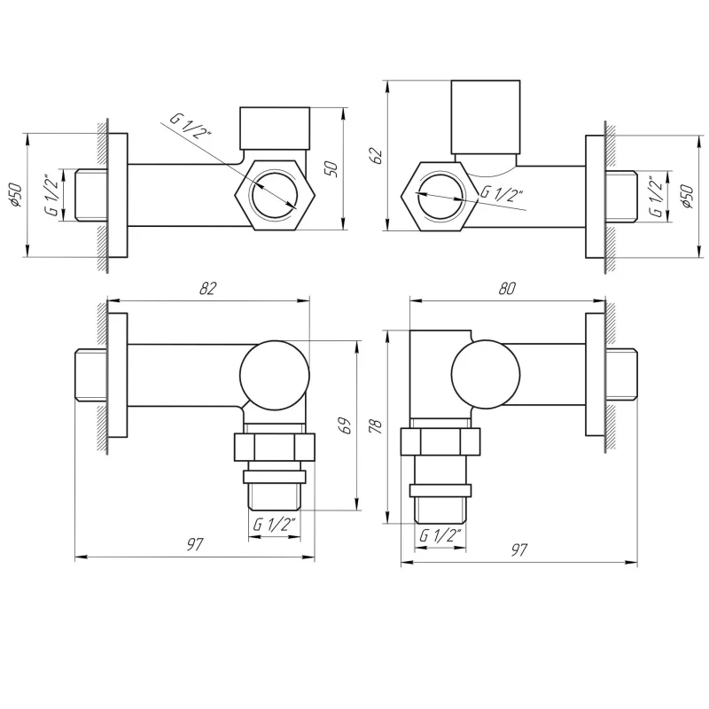 Набір Кран вентильний кутовий з американкою SOLOMON LUX 1/2″ 7777 TEN (2шт.) BLACK (1уп)