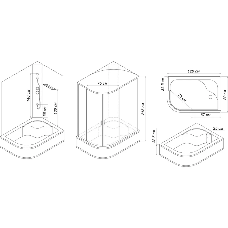 Душовий бокс асиметричний лівий OBRA H120GBSL (H120BL) BRAVO (3уп.)