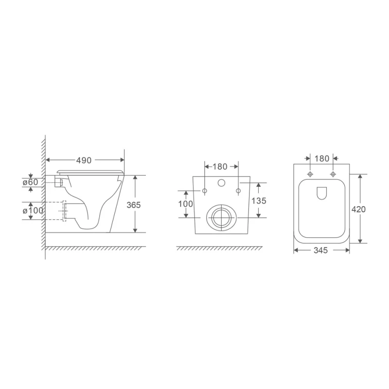 Подвесной унитаз Mixxus Premium Quadro-0301-T3 490x340x360mm, система смыва TORNADO 3.0 (MP6453)