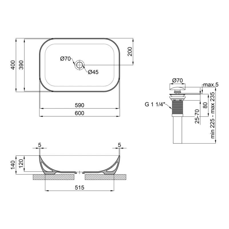 Умывальник накладной керамический Mixxus Premium Diverse-0102 610x400x145mm (MP6486)