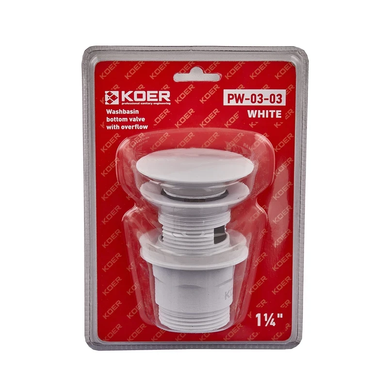Донний клапан для умивальника з переливом Koer PW-03-03 1 1/4'' (кнопка) (Білий) (KR3395)
