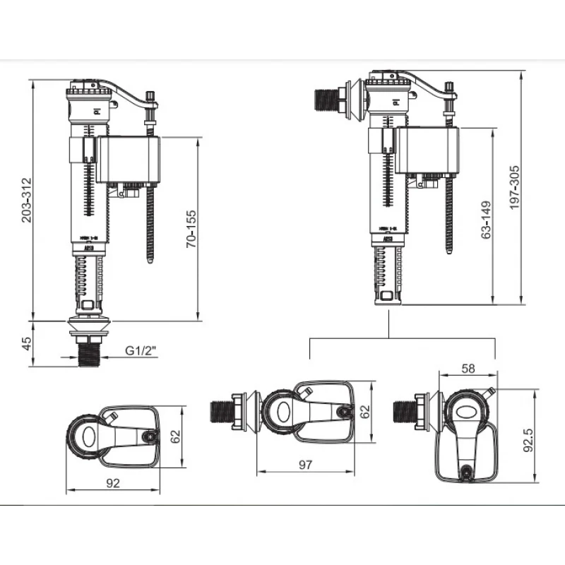 Арматура наповнювальна Koer KT-0102-1/2" з універсальним підключенням та пластиковим різьбленням 1/2" (KR5330)