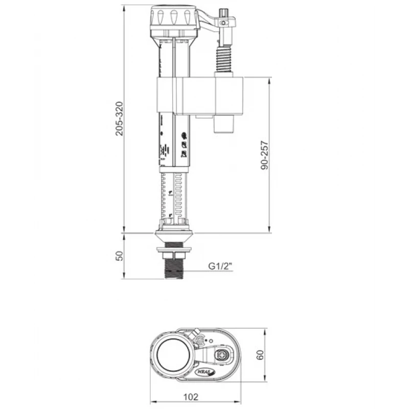 Арматура наповнювальна Koer KT-0104-1/2" з нижнім підключенням та пластиковим різьбленням 1/2" (KR5333)