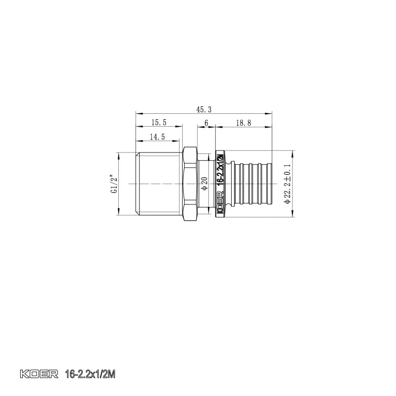 Перехідник з ЗР Koer KA.A06M-16 - 16(2.2mm) x 1/2"M (KR4849)