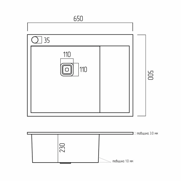 Кухонна мийка чорна PVD Platinum Handmade 65*50 L (квадратний сифон 3,0/1,0)