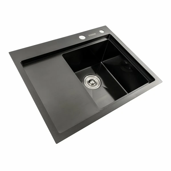 Кухонна мийка чорна PVD 58*48 R Platinum Handmade (два отвори, круглий сифон 3,0/0,8)