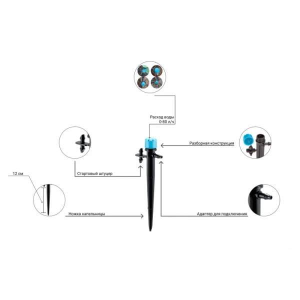 Капельница садовая регулируемая 0-80 л/ч на стойке Presto-PS 7704