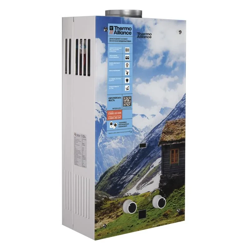 Колонка газова димохідна Thermo Alliance JSD20-10GC 10 л панель скляна з малюнком гори