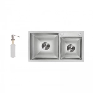 Мийка для кухні з двома чашами інтегрована Lidz Handmade H7843 (LDH7843BRU35387) Brushed Steel 3,0/1,0 мм